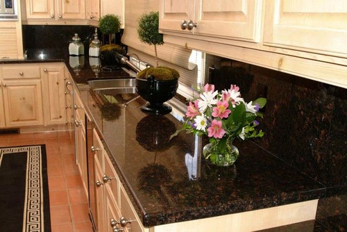 Tan Brown Granite Countertops Popular Brown Granites Granite Colors Black Granite Kitchen Cabinets Darker Color Bathroom Vanity Dramatic Appearance Painted White Base Cabinets Mineral Spectrum Broad Color Busy Pattern